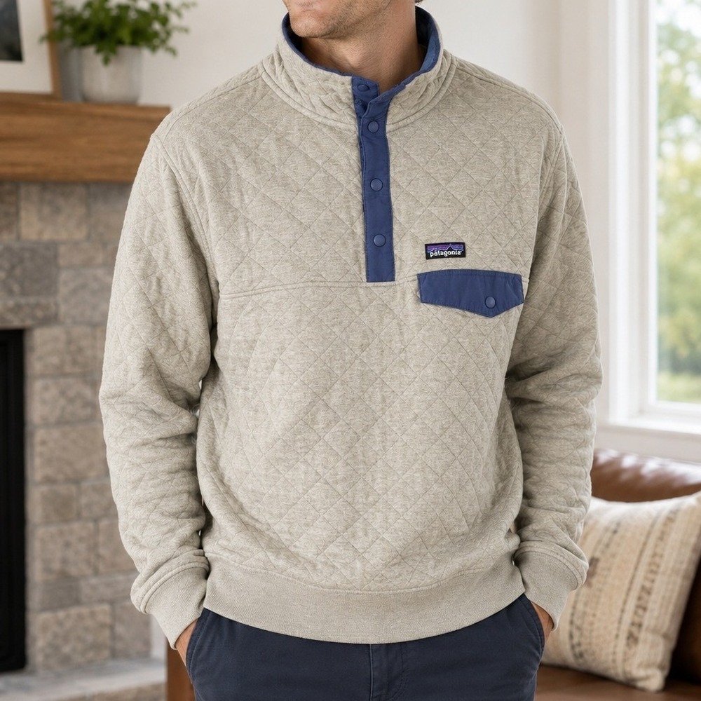 Patagonia Mens Organic Cotton Quilted Snap-T Pullover Tan Blue L Winter Hiking